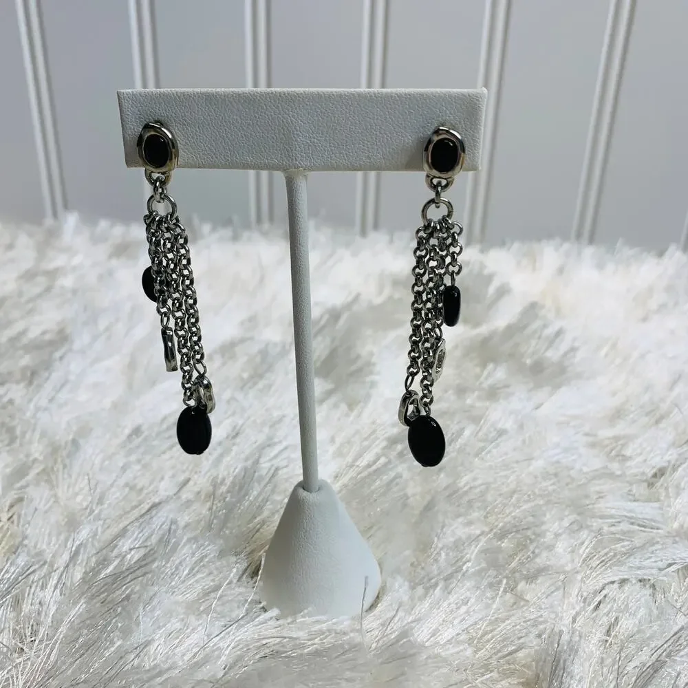 Silver Chain Earrings  Black Bead Multiple Strands 2.5